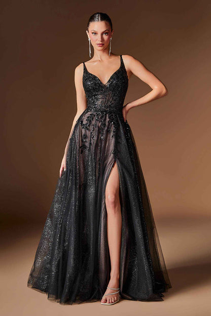 Ladivine CD2412 Magical A-Line Floral Applique Glitter Tulle Gown by DiscountDressShop