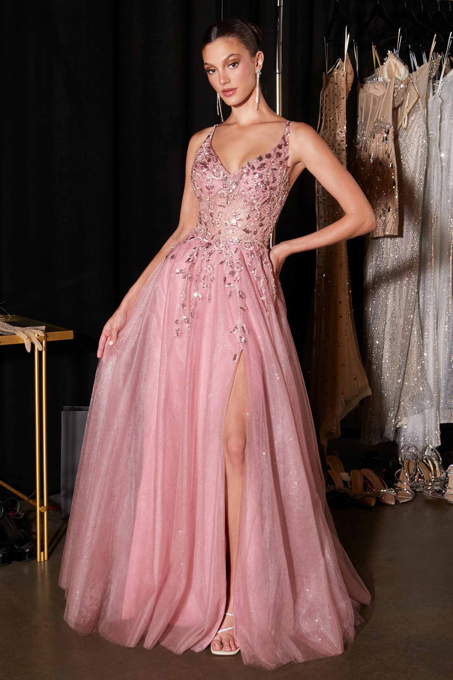 Ladivine CD2412 Magical A-Line Floral Applique Glitter Tulle Gown - DestGlow