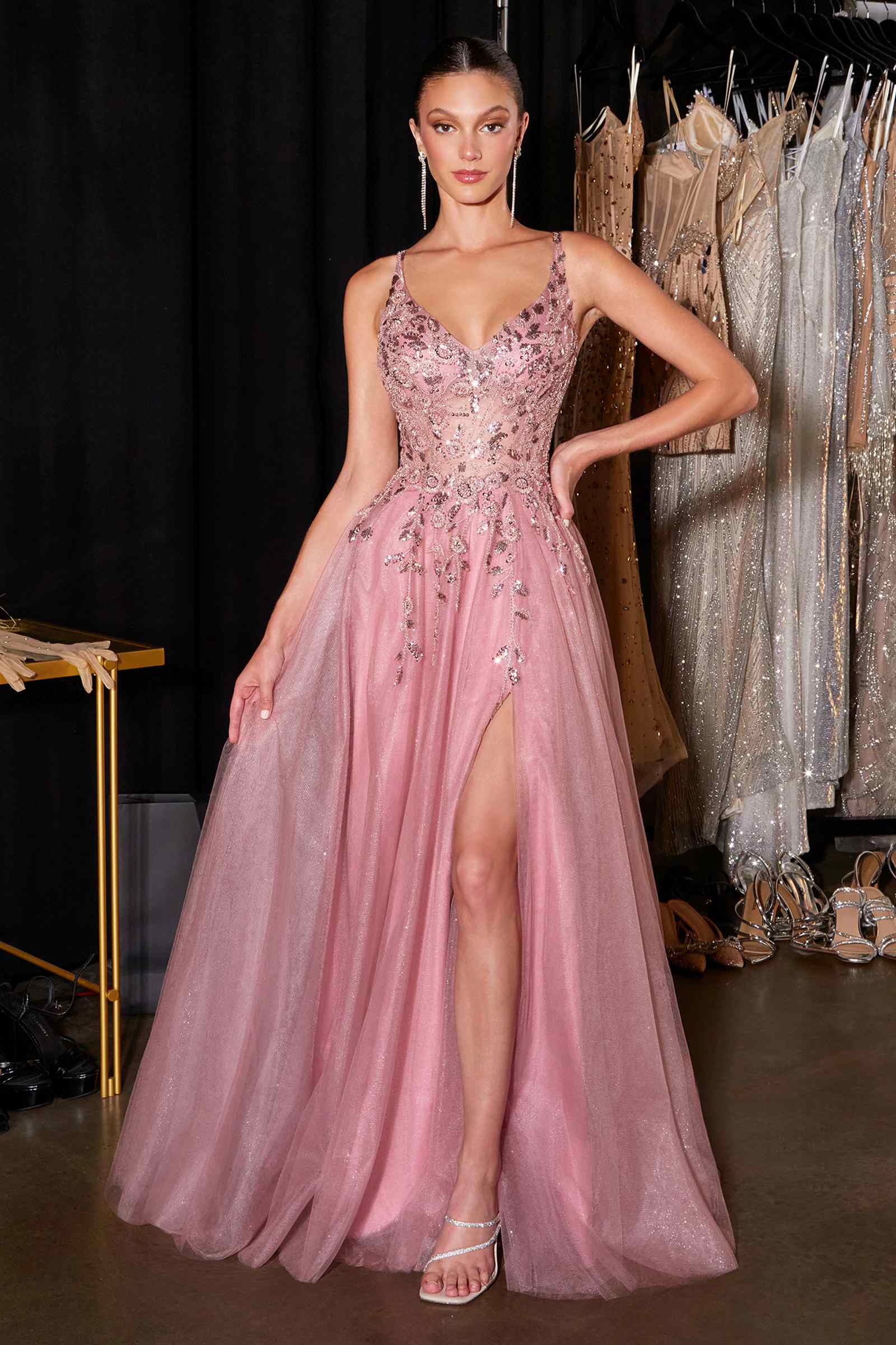 Ladivine CD2412 Magical A-Line Floral Applique Glitter Tulle Gown - DestGlow