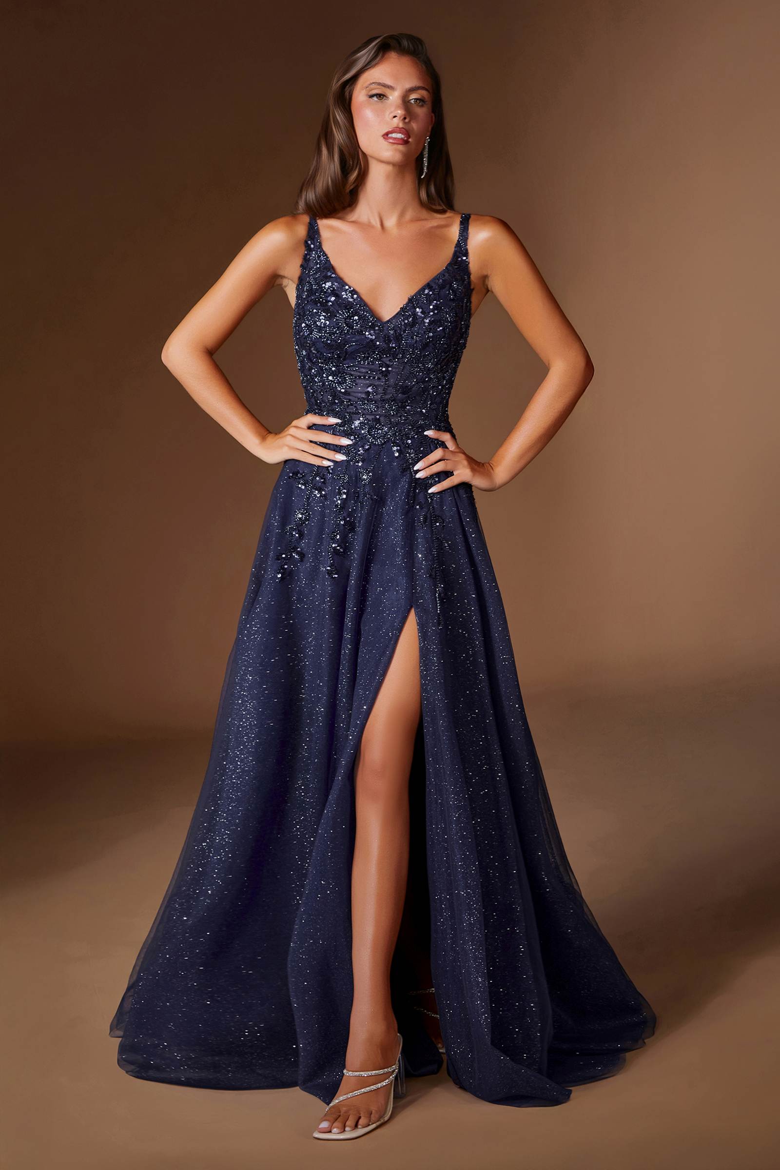 Ladivine CD2412 Magical A-Line Floral Applique Glitter Tulle Gown - DestGlow