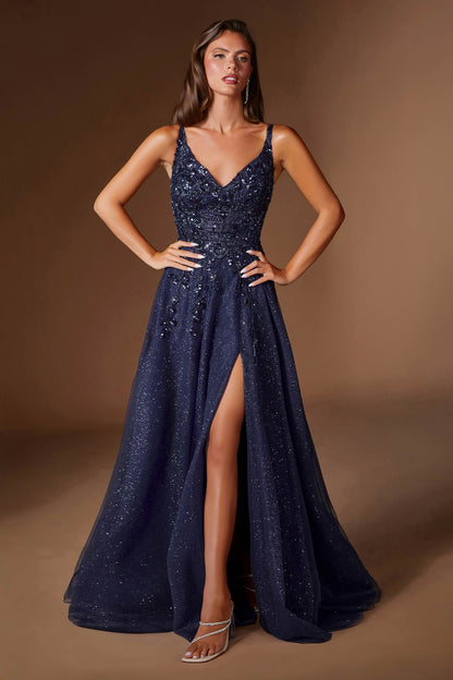 Ladivine CD2412 Magical A-Line Floral Applique Glitter Tulle Gown - DestGlow