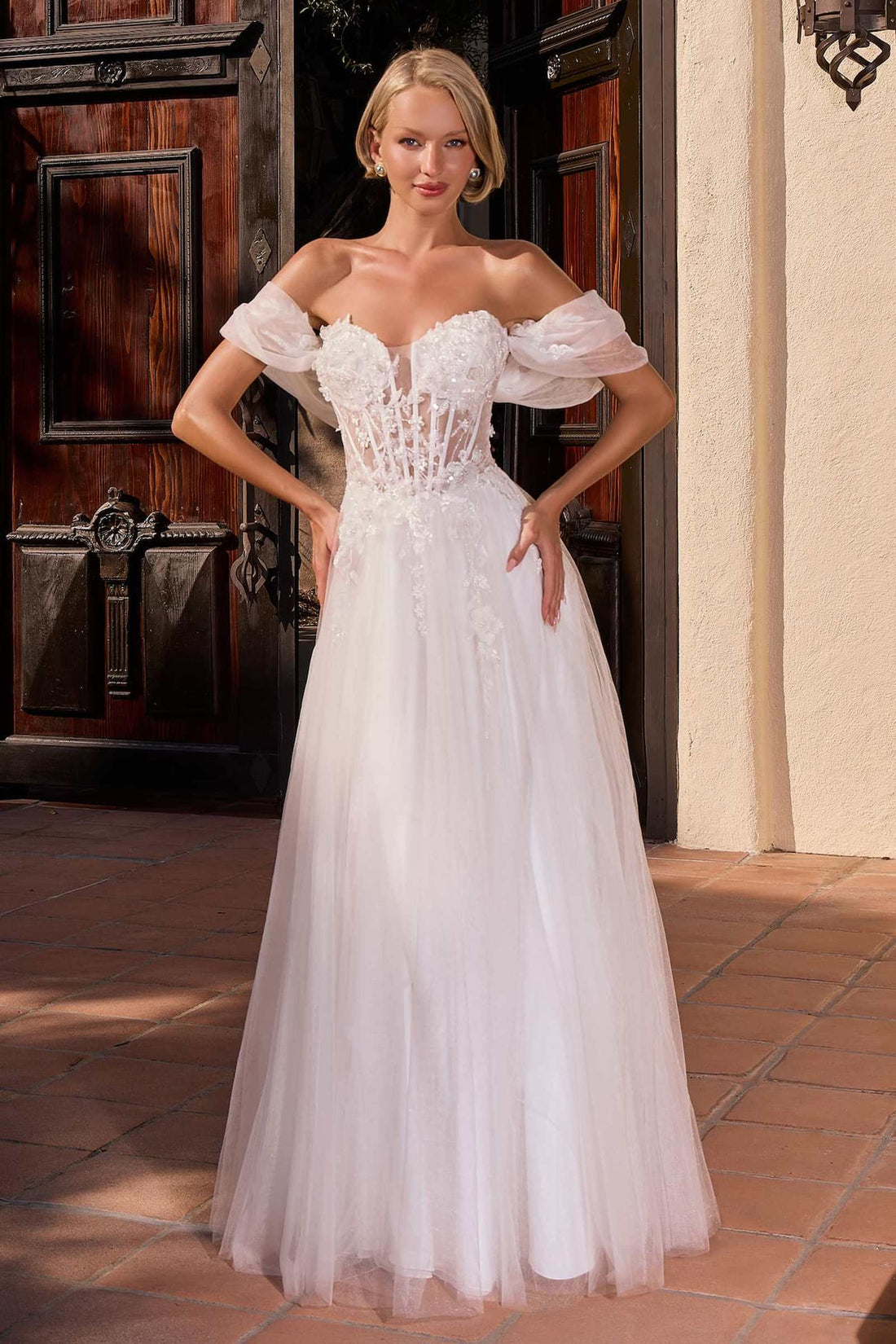 Ladivine CD2426W Off-Shoulder Corset Tulle Ball Gown with Floral Applique  DestGlow