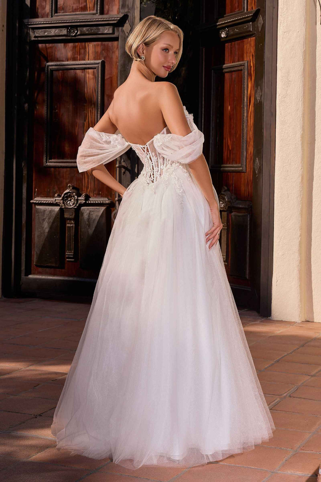 Ladivine CD2426W Off-Shoulder Corset Tulle Ball Gown with Floral Applique  DestGlow