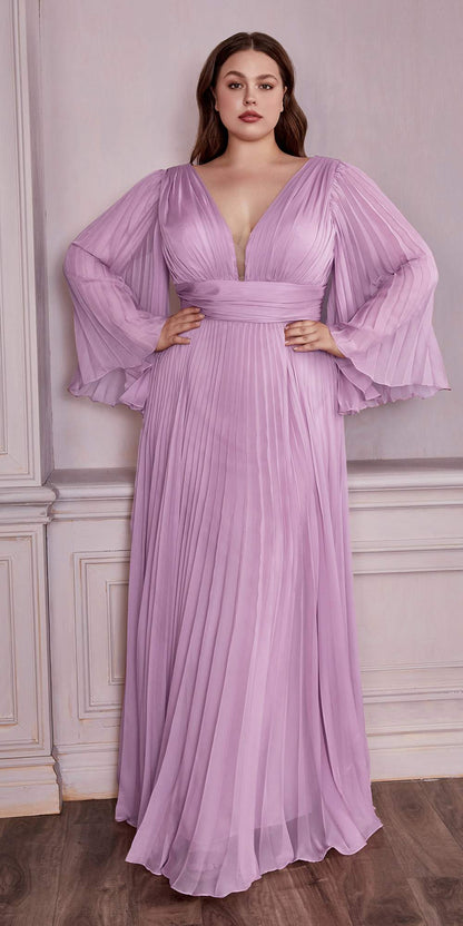 Cinderella Divine CD242C Pleated Chiffon Long Sleeve Gown by DiscountDressShop
