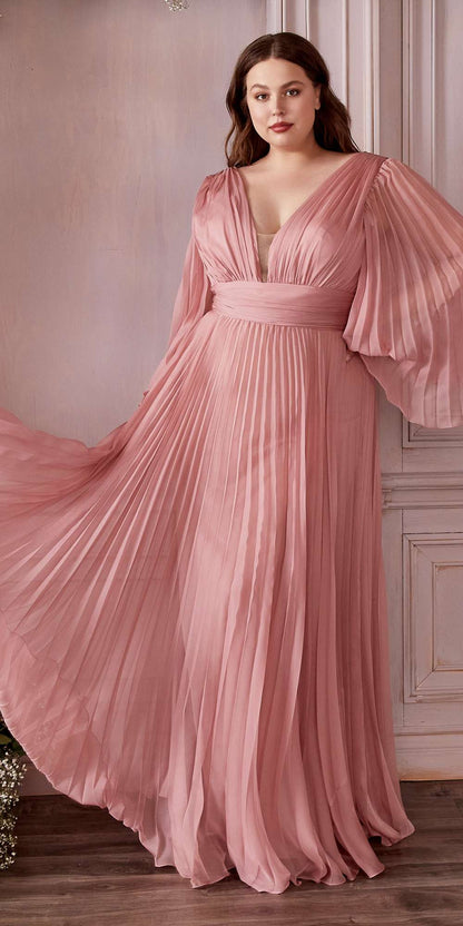 Cinderella Divine CD242C Pleated Chiffon Long Sleeve Gown by DiscountDressShop