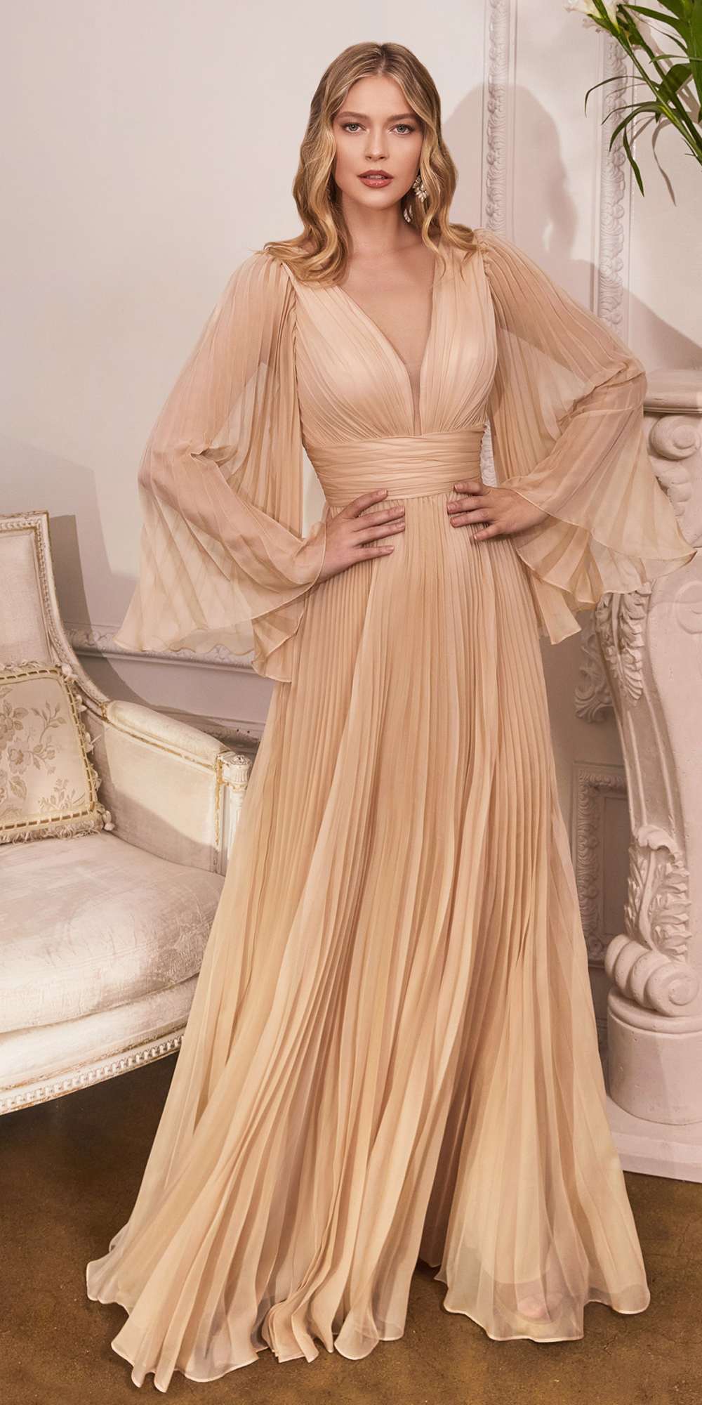 Cinderella Divine CD242 Pleated Chiffon Long Sleeve Gown by DiscountDressShop