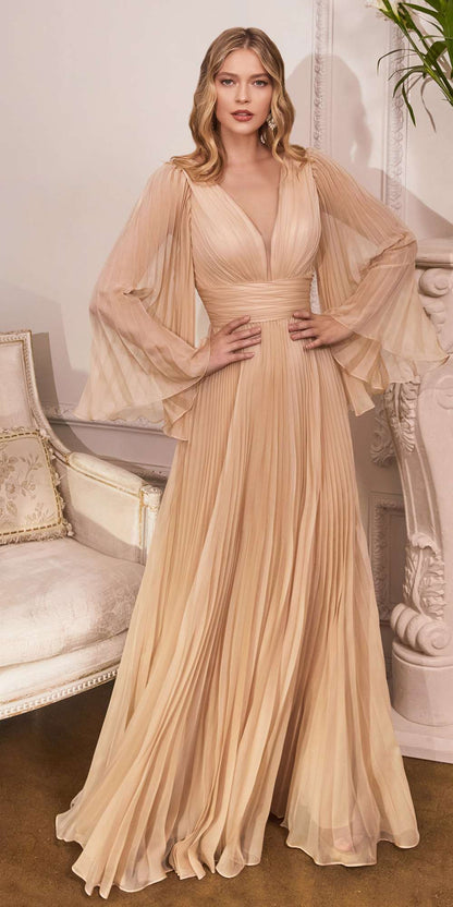 Cinderella Divine CD242 Pleated Chiffon Long Sleeve Gown by DiscountDressShop
