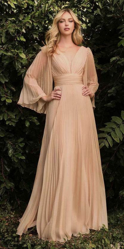 Cinderella Divine CD242 Pleated Chiffon Long Sleeve Gown by DiscountDressShop