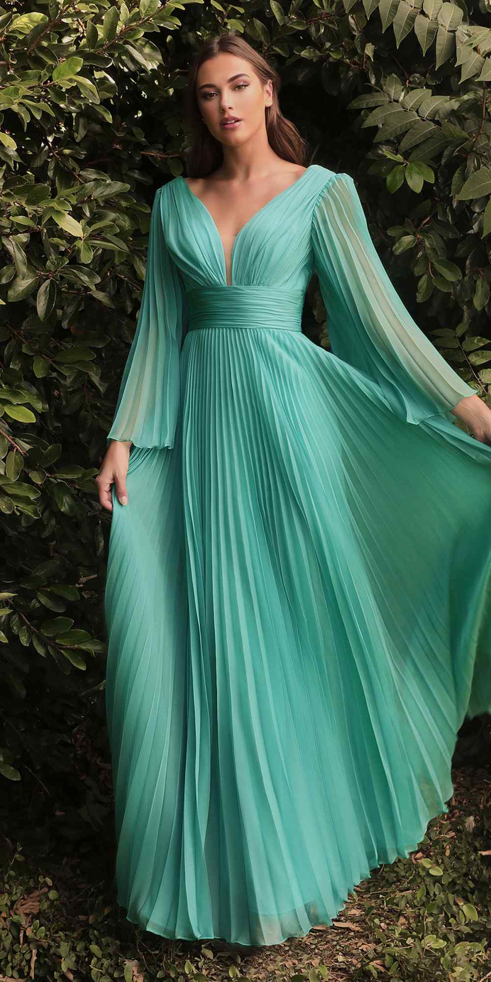Cinderella Divine CD242C Pleated Chiffon Long Sleeve Gown by DiscountDressShop