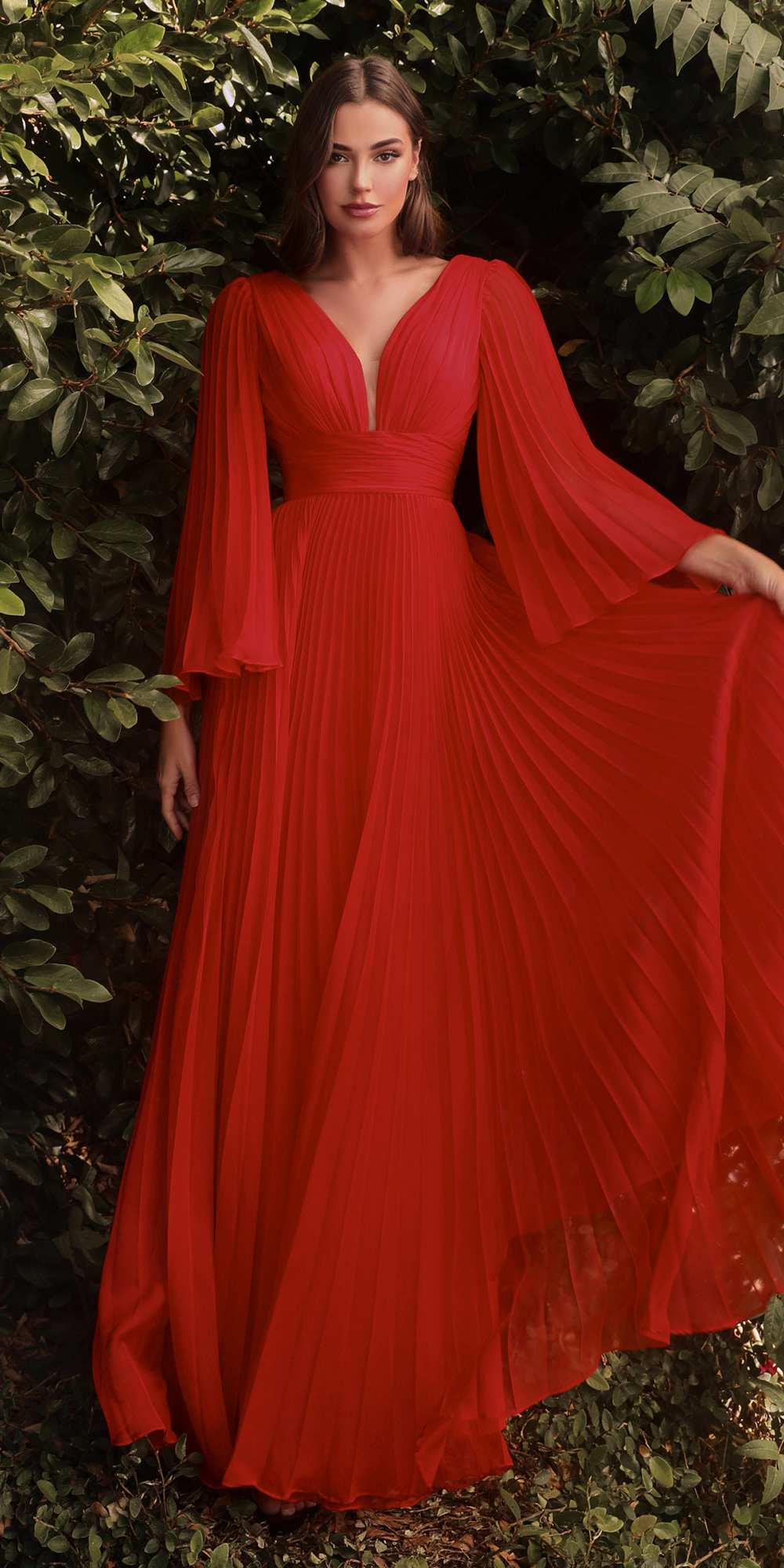 Cinderella Divine CD242 Pleated Chiffon Long Sleeve Gown by DiscountDressShop