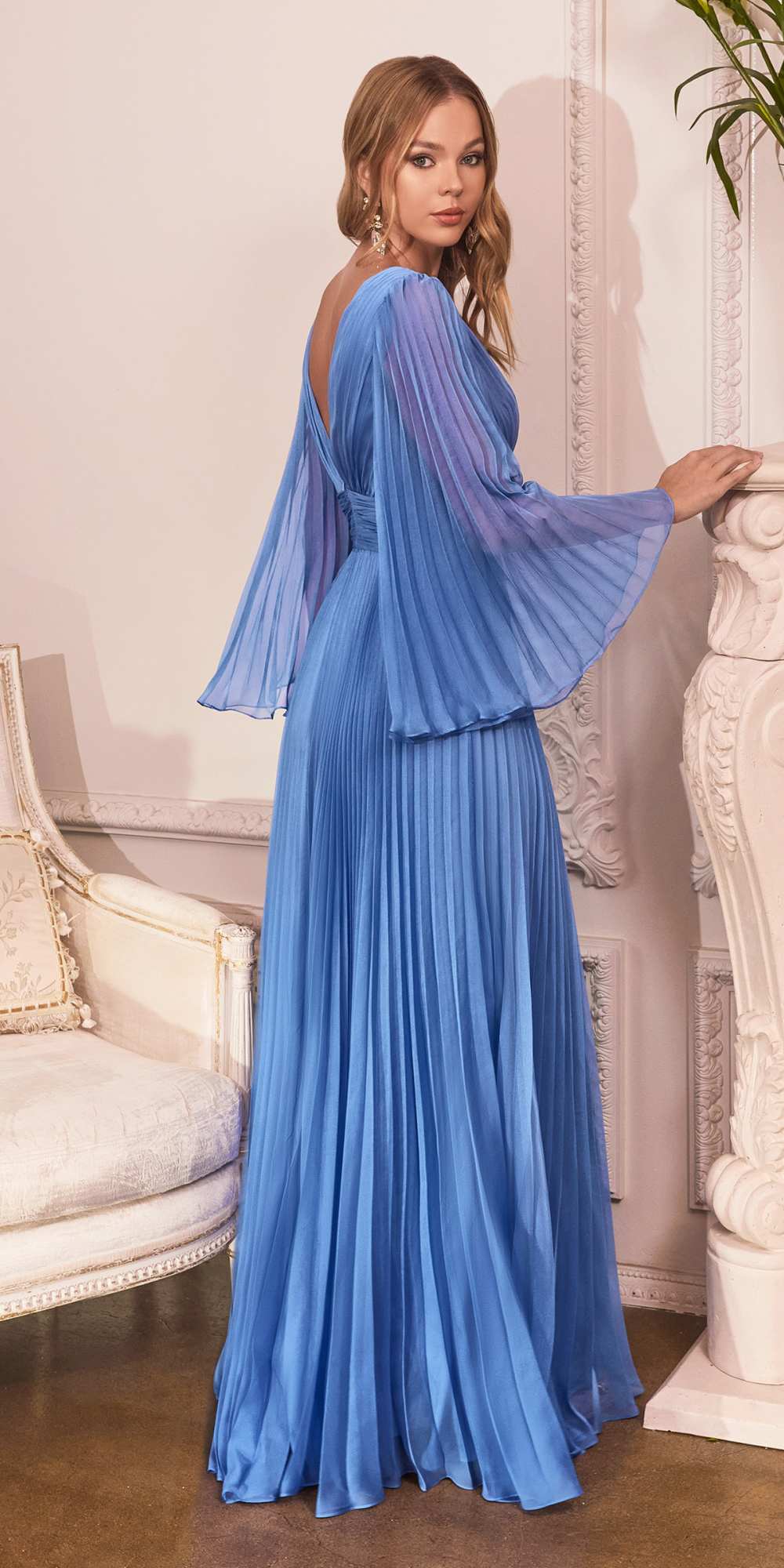 Cinderella Divine CD242C Pleated Chiffon Long Sleeve Gown by DiscountDressShop
