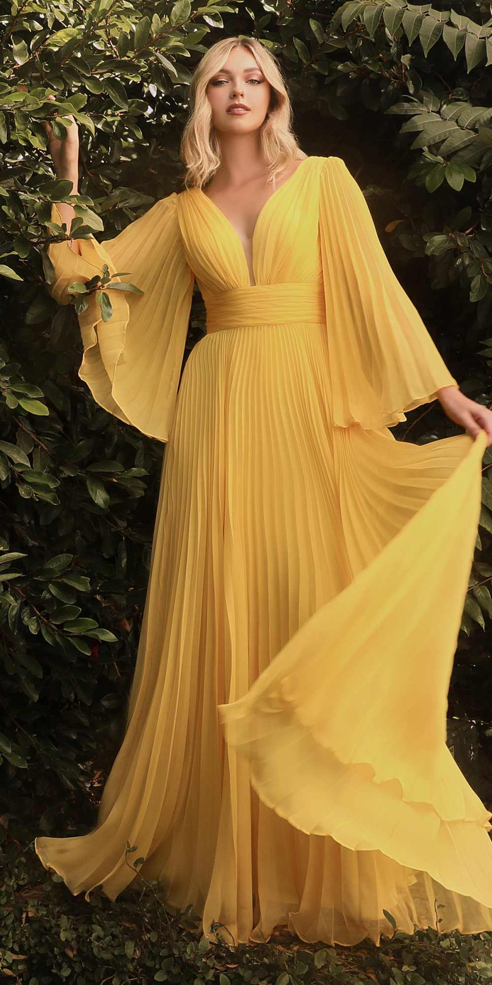 Cinderella Divine CD242C Pleated Chiffon Long Sleeve Gown by DiscountDressShop