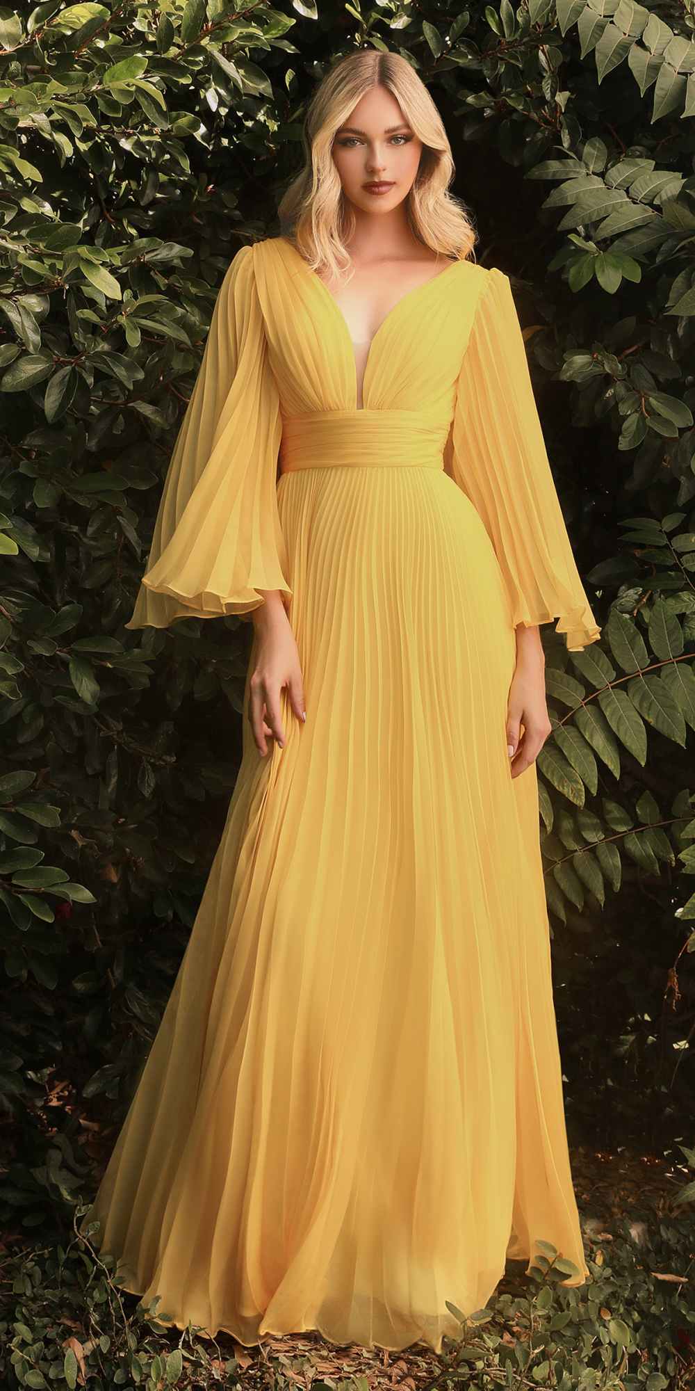 Cinderella Divine CD242C Pleated Chiffon Long Sleeve Gown by DiscountDressShop
