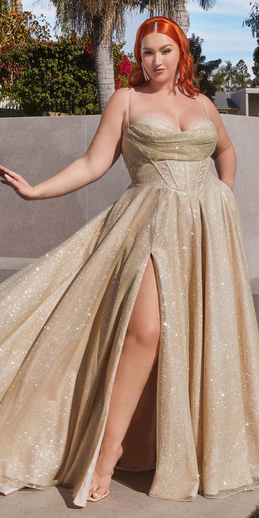 Ladivine CD252 Floor Length Lace Up Glitter A-Line Ball Gown - DestGlow
