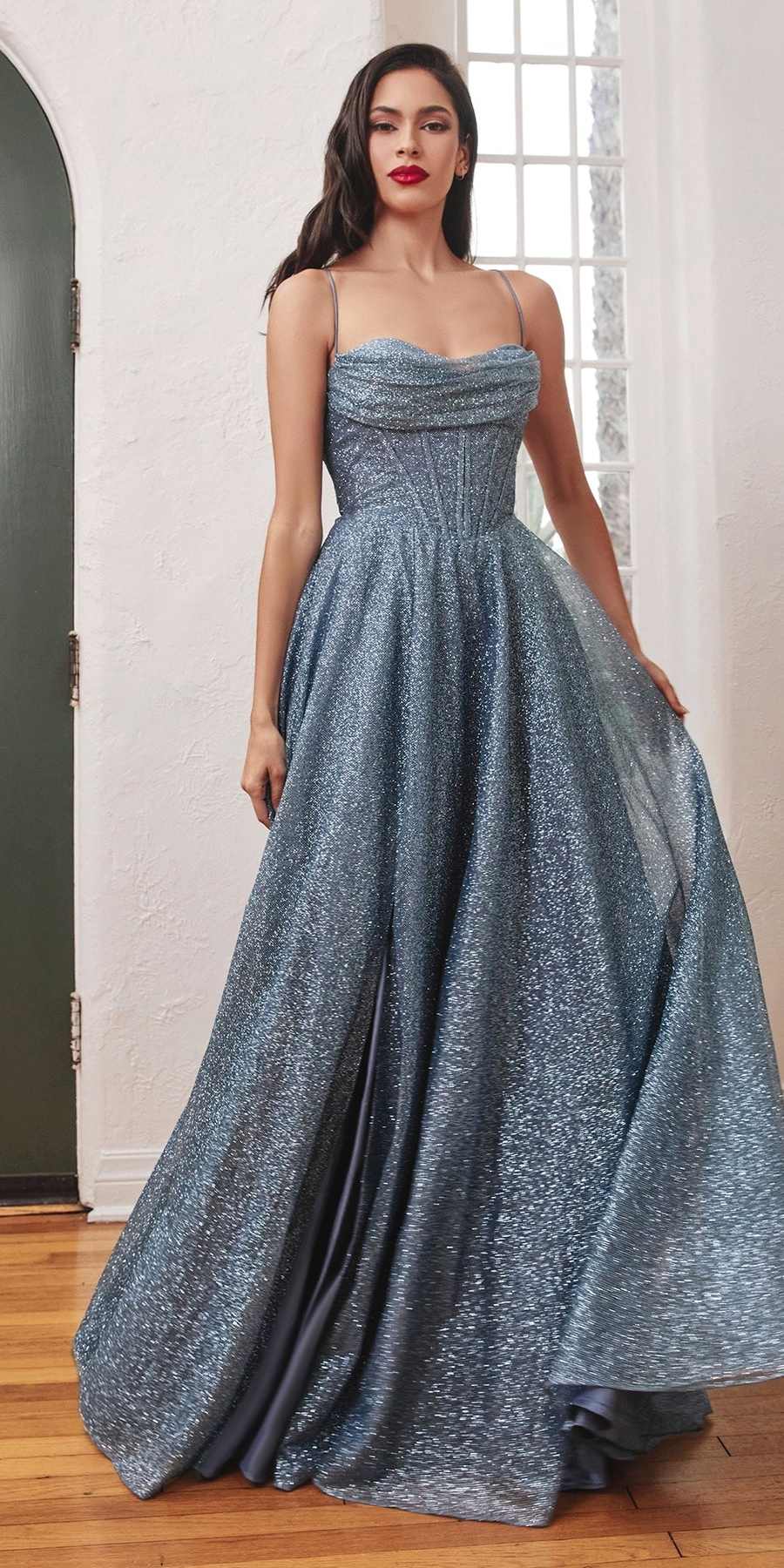 Ladivine CD252 Floor Length Lace Up Glitter A-Line Ball Gown - DestGlow