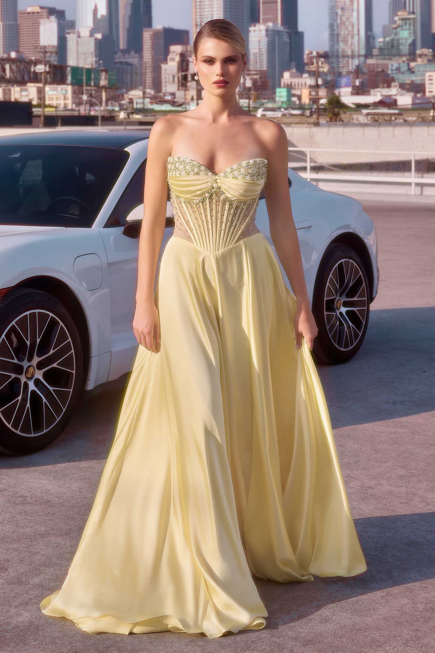 Ladivine CD297 Dress Strapless Beaded Satin A-Line Prom Gown by DiscountDressShop
