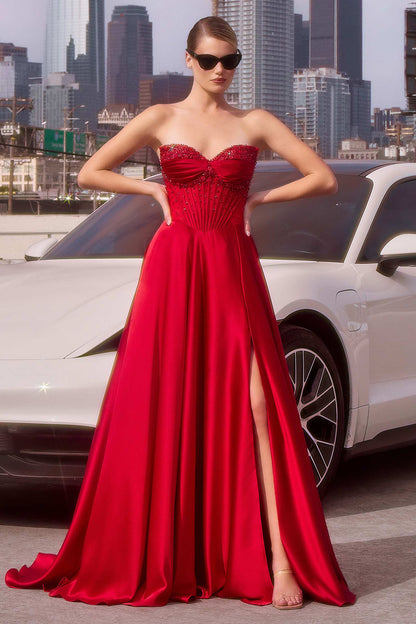 Ladivine CD297 Dress Strapless Beaded Satin A-Line Prom Gown by DiscountDressShop