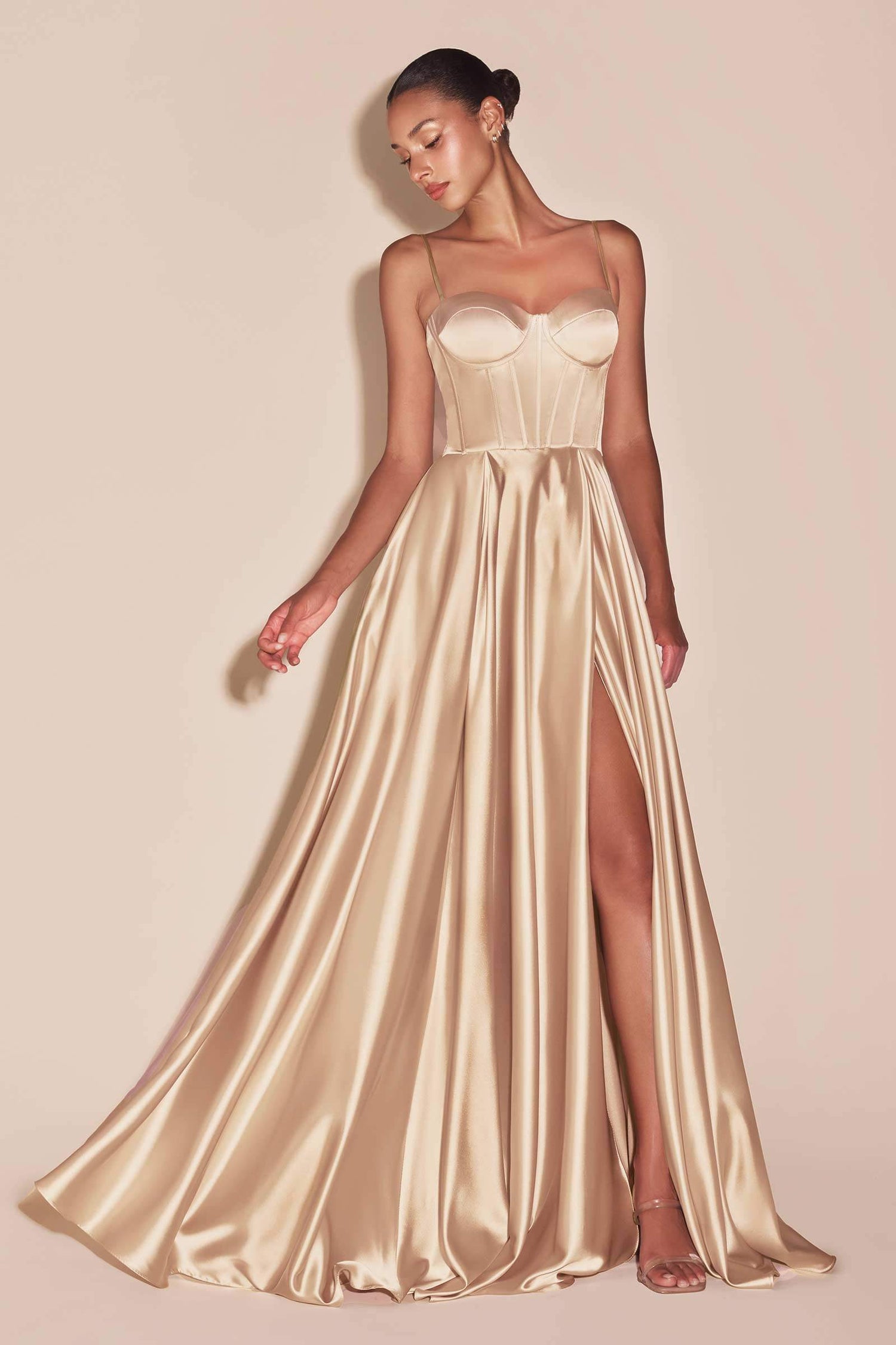 Ladivine CD337 Long A-Line Slit Satin Bustier Dress by DiscountDressShop