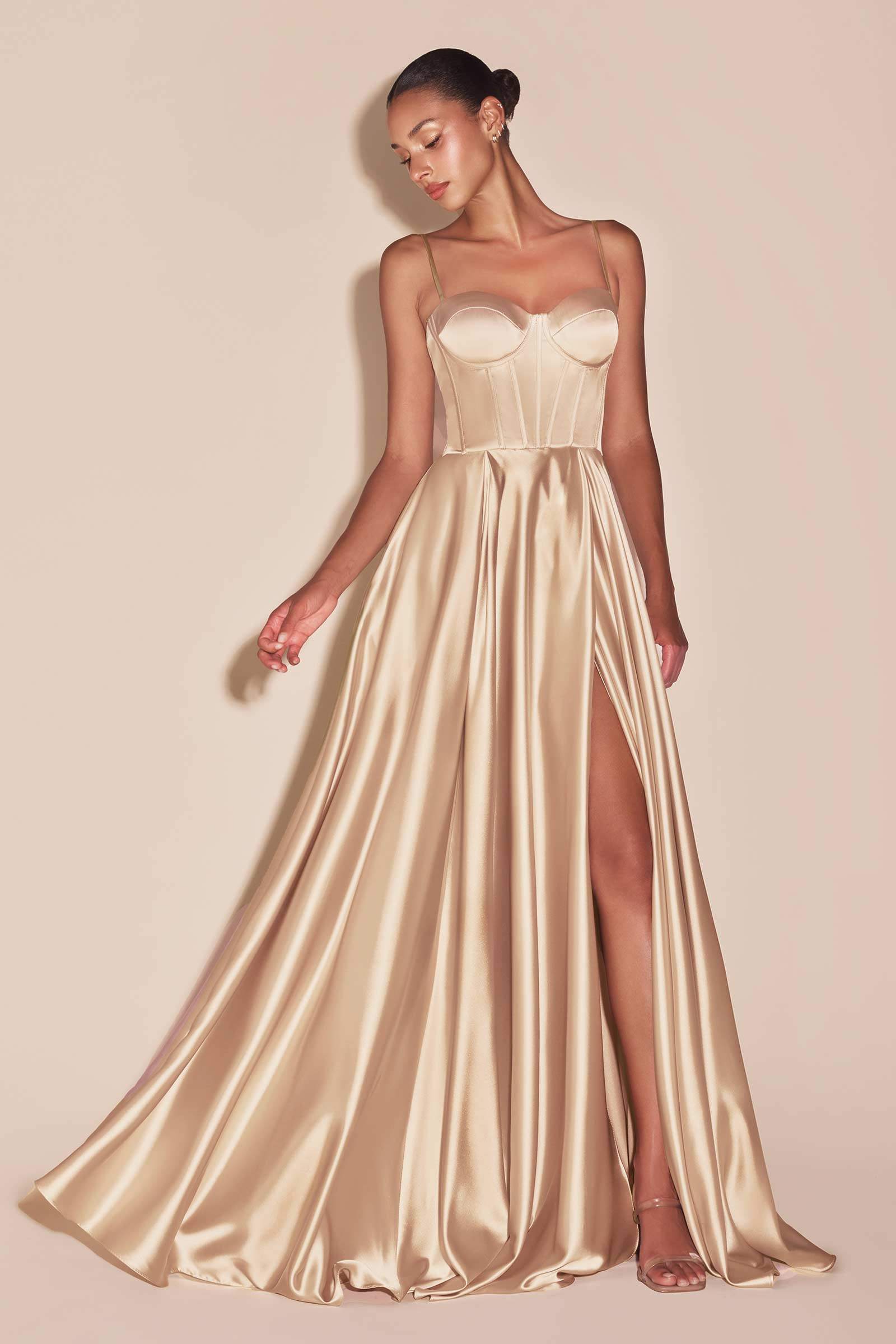 Ladivine CD337C Long A-Line Slit Satin Bustier Prom Dress by DiscountDressShop