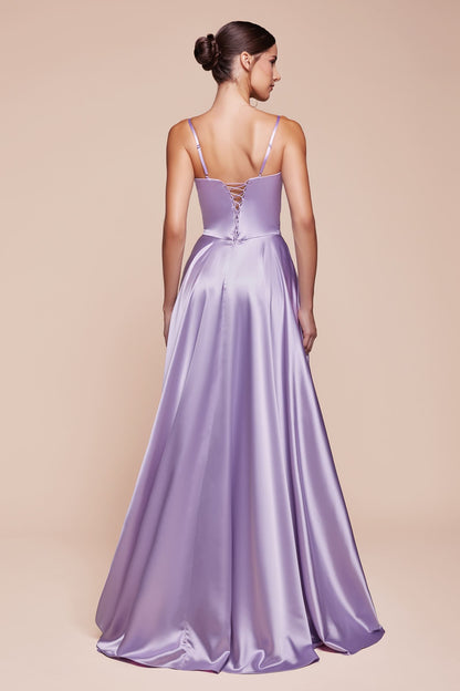 Ladivine CD337 Long A-Line Slit Satin Bustier Dress by DiscountDressShop