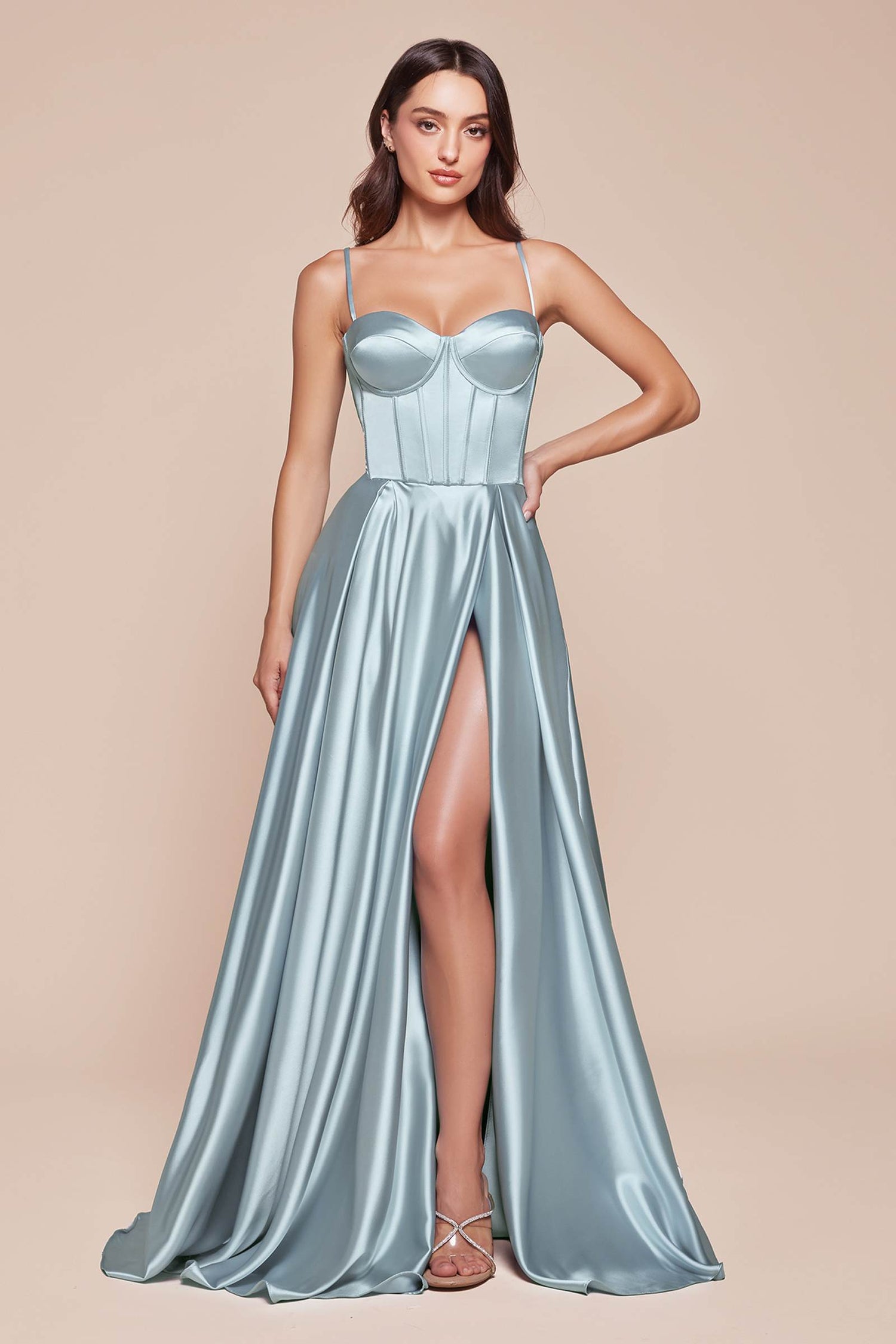 Ladivine CD337 Long A-Line Slit Satin Bustier Dress by DiscountDressShop