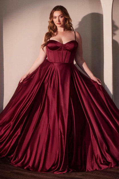 Ladivine CD337C Long A-Line Slit Satin Bustier Prom Dress by DiscountDressShop