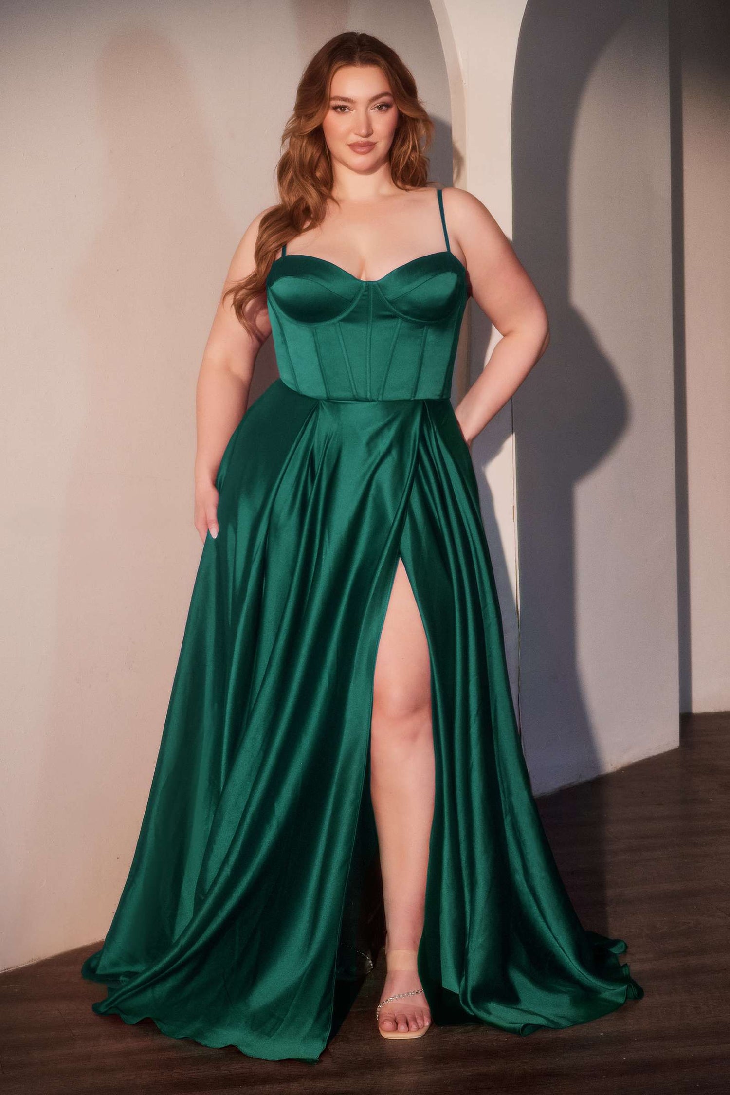 Ladivine CD337C Long A-Line Slit Satin Bustier Prom Dress by DiscountDressShop