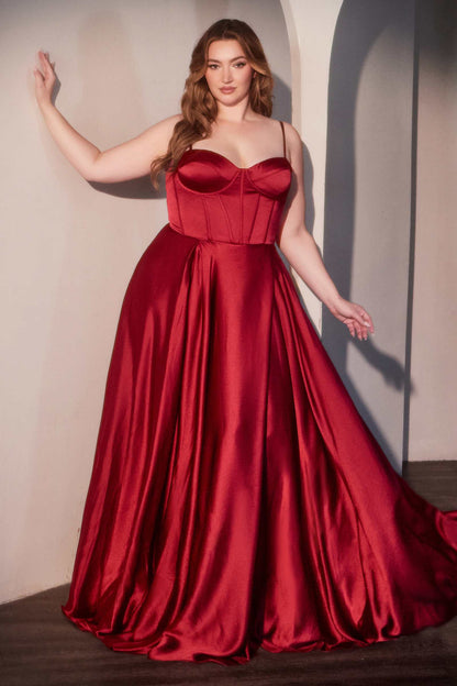 Ladivine CD337C Long A-Line Slit Satin Bustier Prom Dress by DiscountDressShop