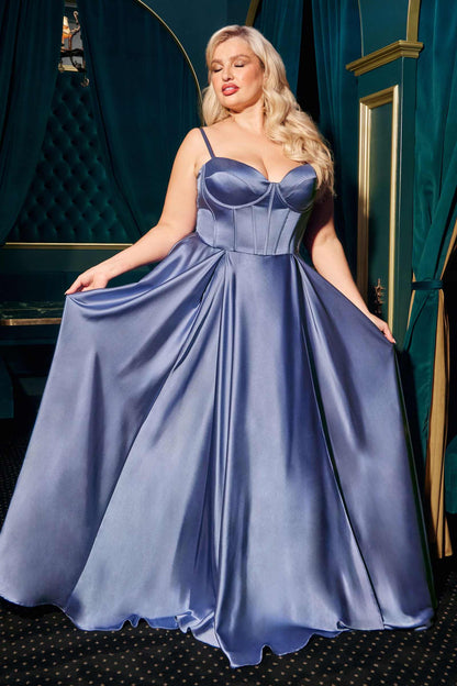 Ladivine CD337C Long A-Line Slit Satin Bustier Prom Dress by DiscountDressShop
