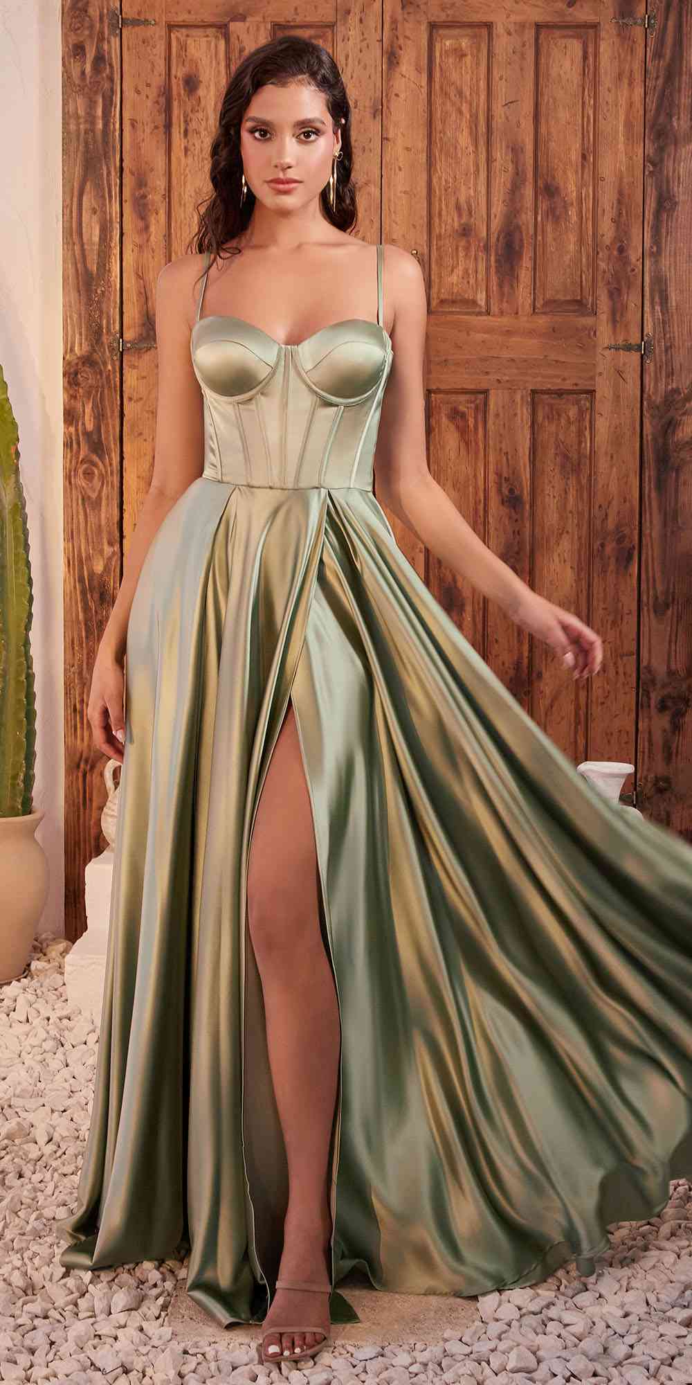 Ladivine CD337 Long A-Line Slit Satin Bustier Dress by DiscountDressShop
