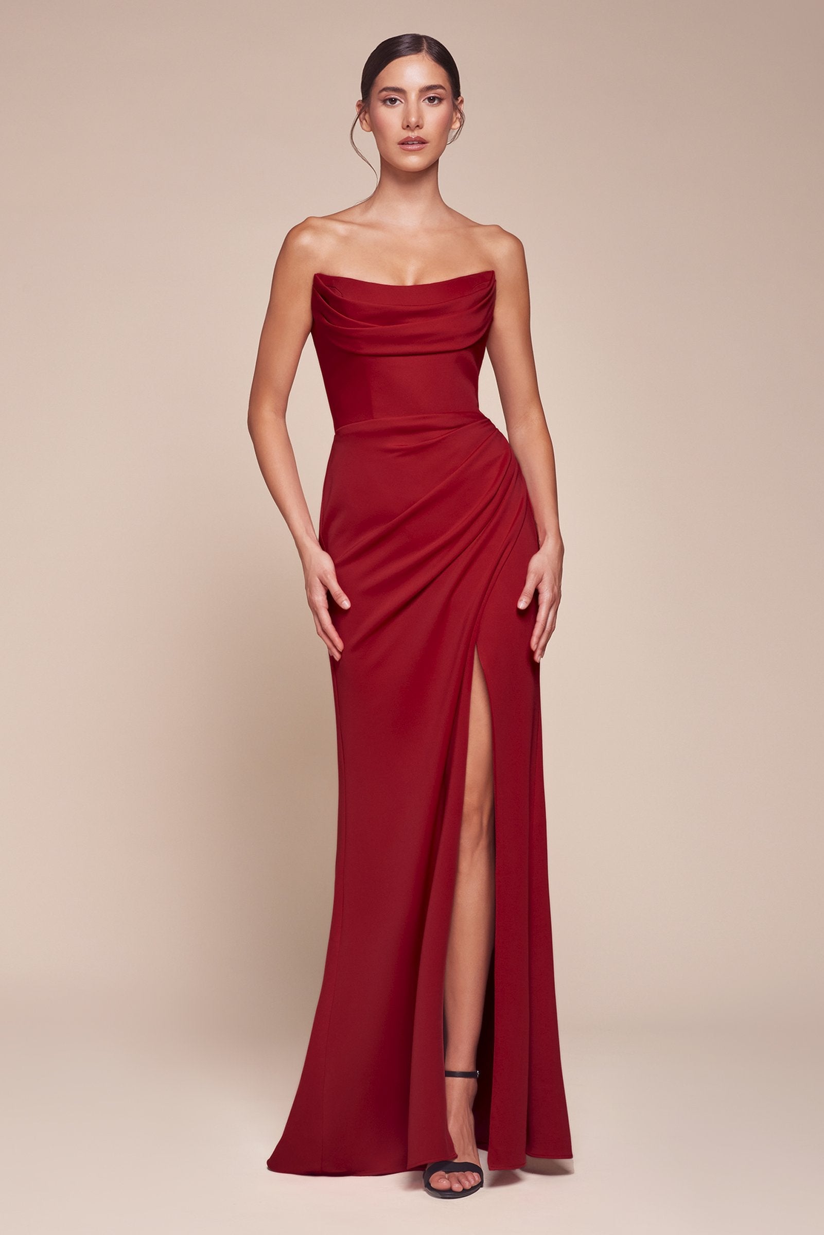 Ladivine CD355 Long Strapless Chiffon Scoop Neck Gown by DiscountDressShop