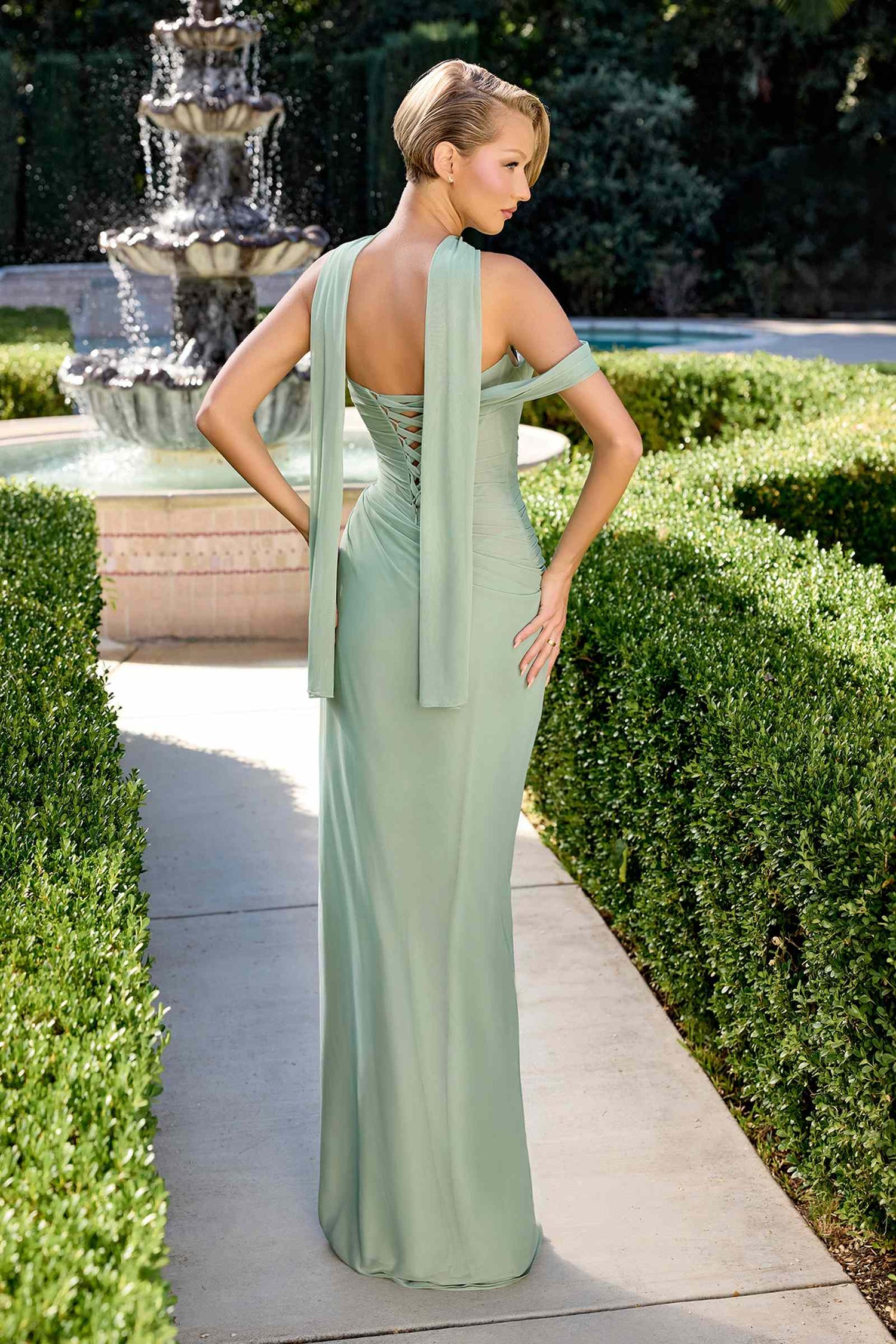 Ladivine CD406 Sculpted Pleated Bodice Lightweight Chiffon Fitted Gown by DiscountDressShop