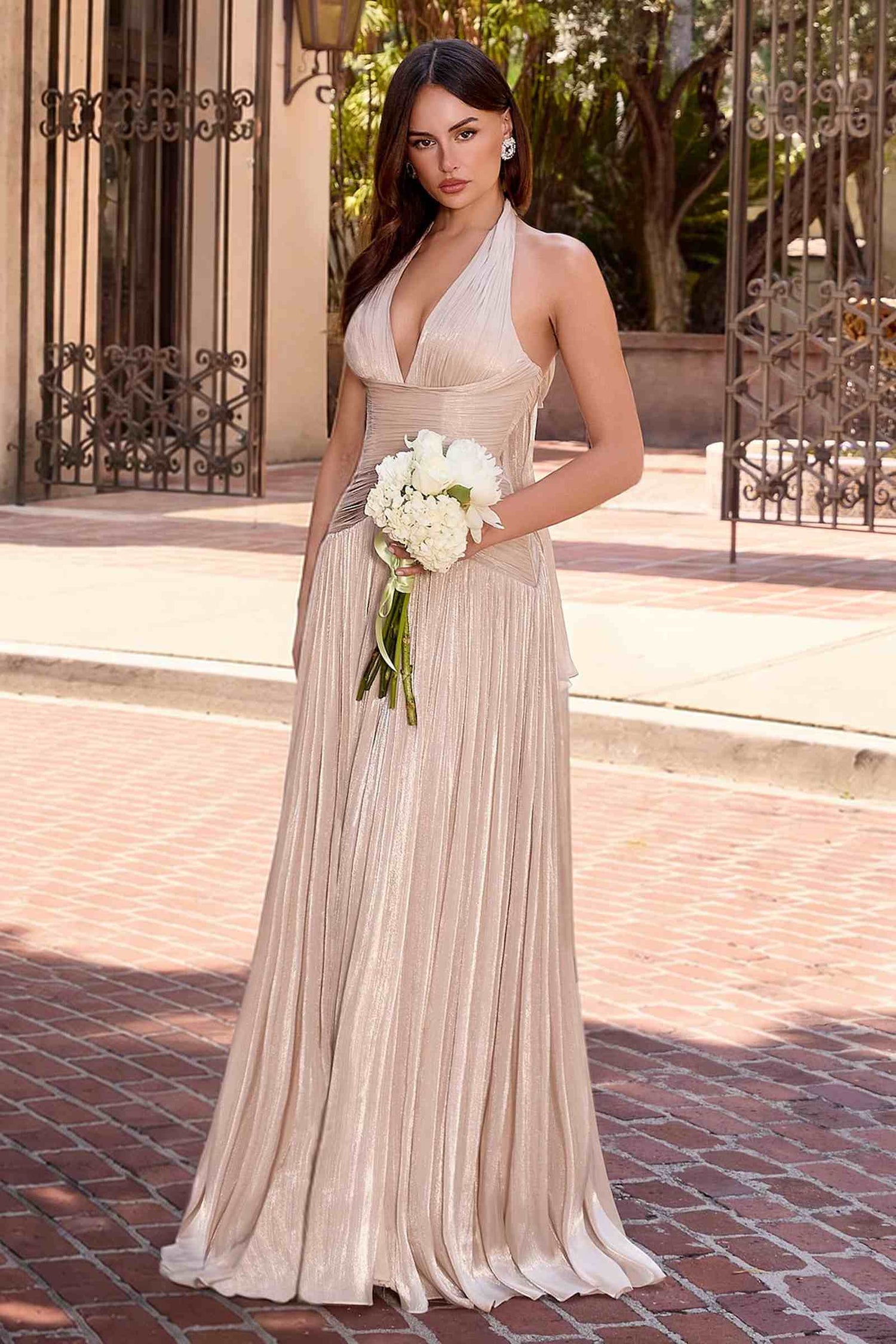 Ladivine CD412 Elegant Plunging Halter Flowing A-Line Gown  DestGlow