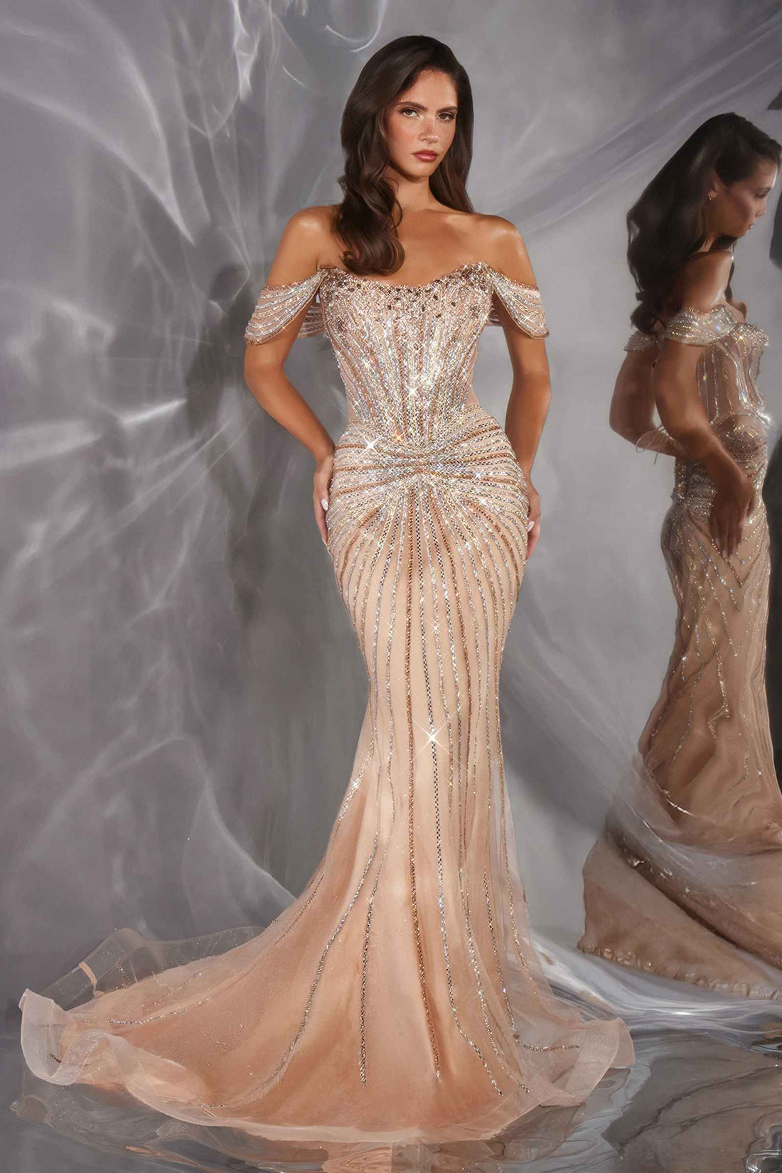 Ladivine CD654 Off Shoulder Glitter Fitted Corset Bodice Mermaid Gown  DestGlow