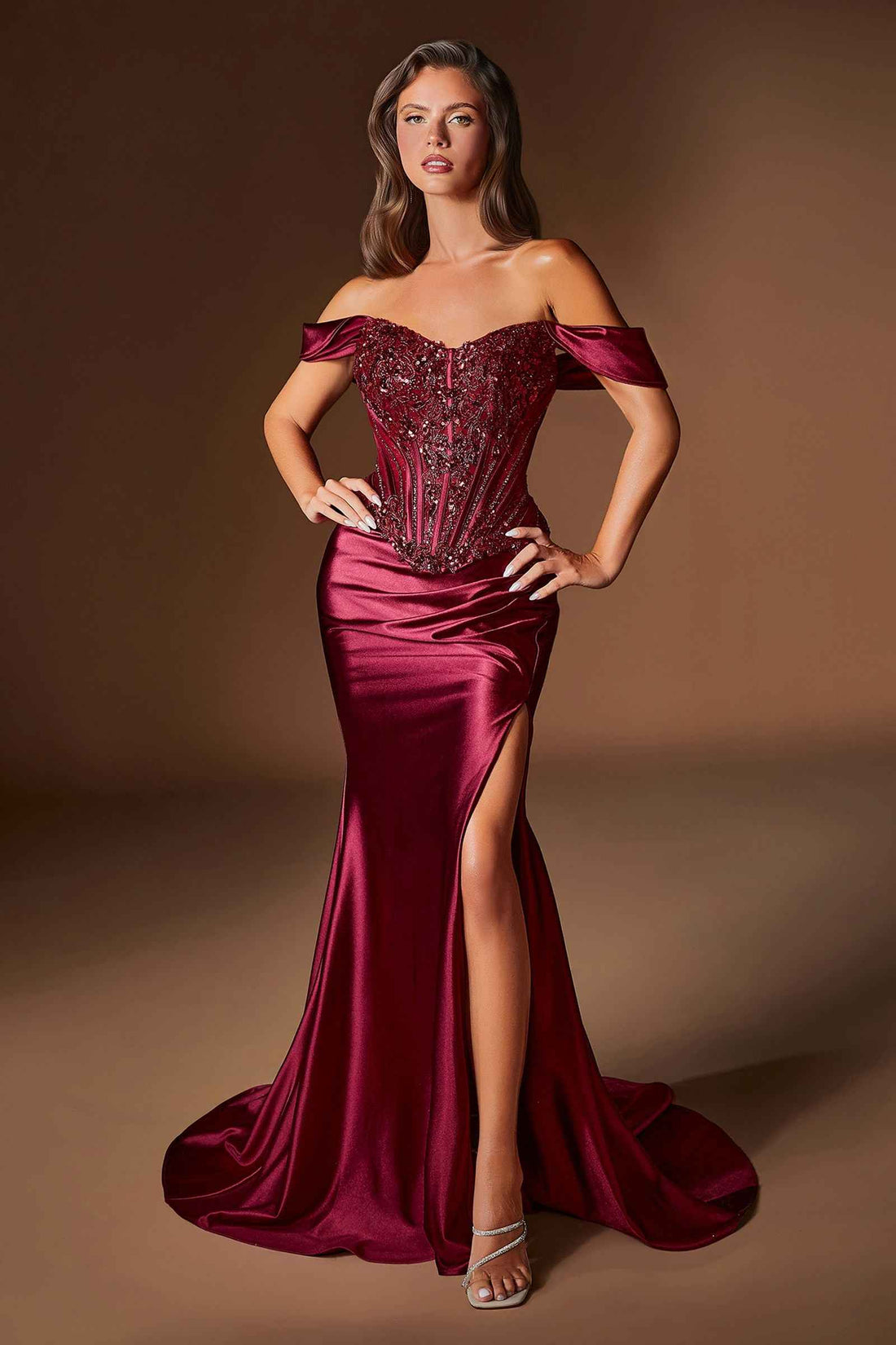 Ladivine CD656 Off the Shoulder Embellished Corset Bodice Fitted Gown  DestGlow