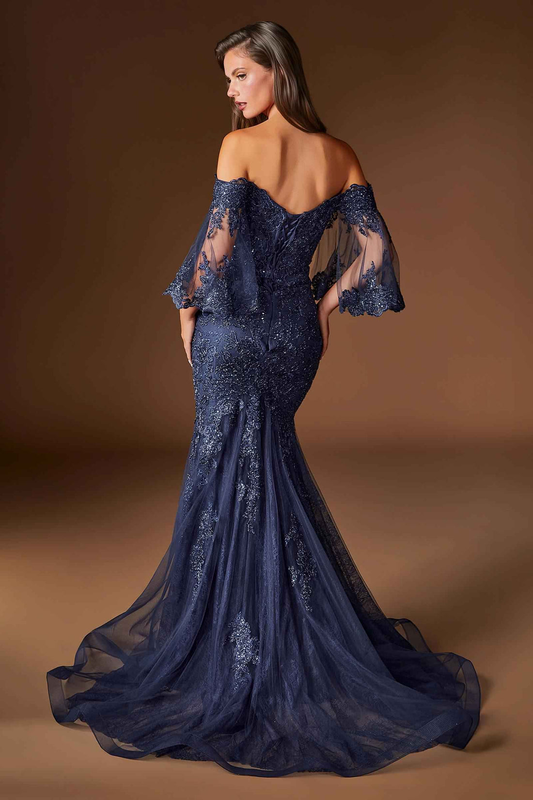 Ladivine CD659 Off the Shoulder Bell Sleeves Fitted Mermaid Gown  DestGlow