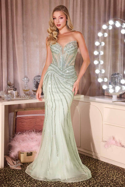 Ladivine CD660 Glamorous Illusion Corset Bodice Plunging Neck Fitted Gown by DiscountDressShop