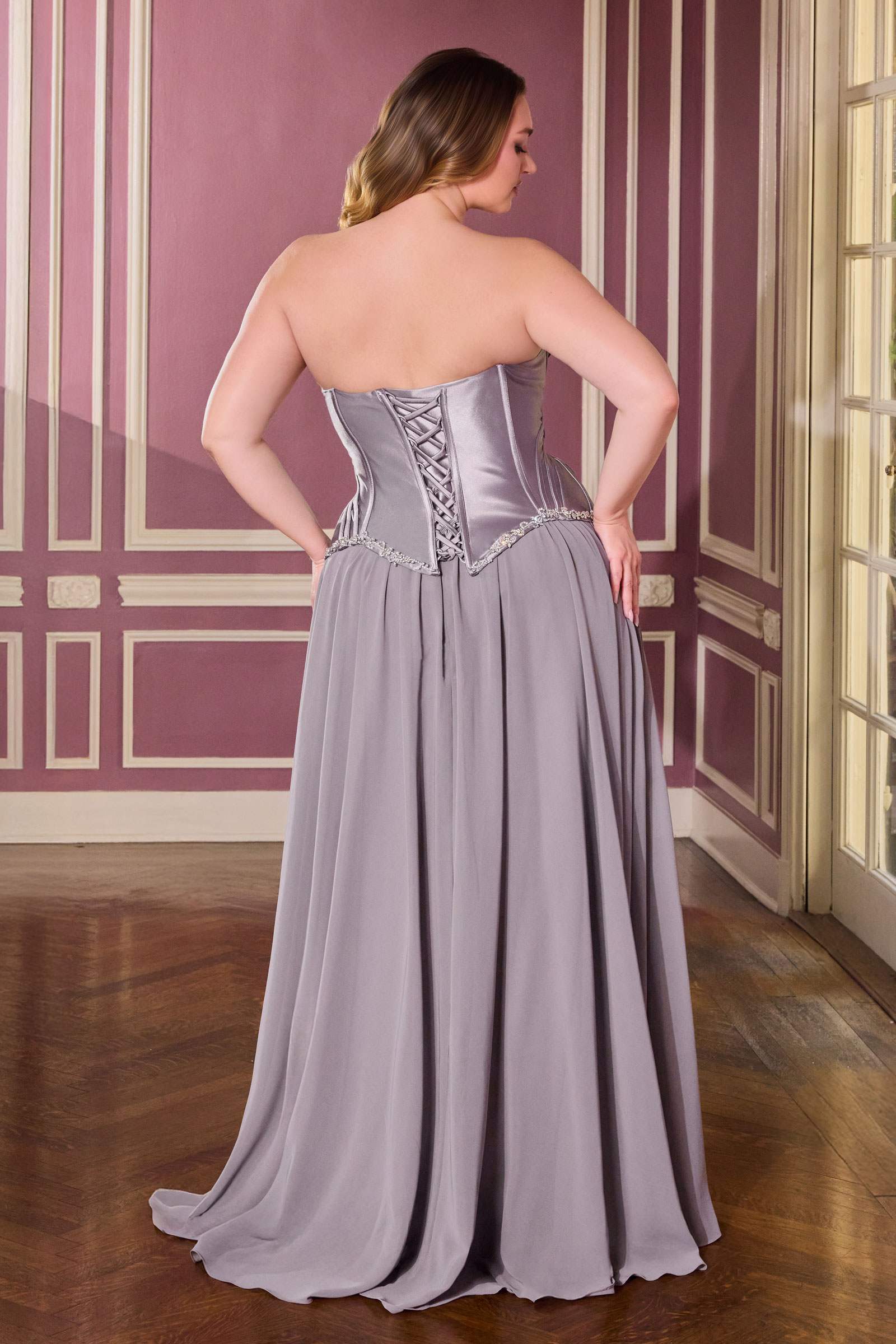 Ladivine CD668C Sculpted Satin Corset Bodice A-Line Plus Size Ball Gown by DiscountDressShop