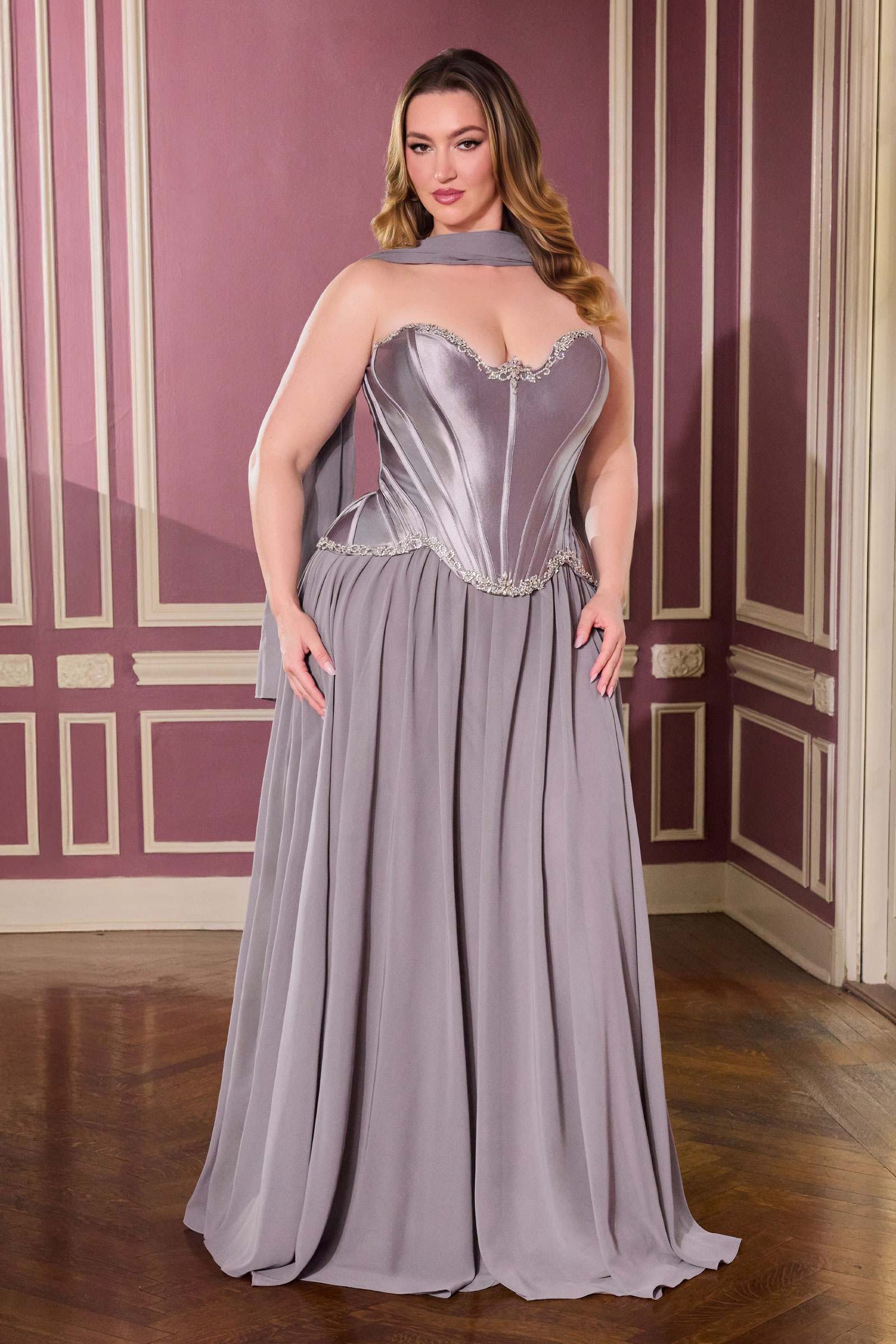 Ladivine CD668C Sculpted Satin Corset Bodice A-Line Plus Size Ball Gown by DiscountDressShop