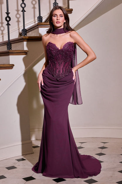 Ladivine CD683 Sculpted Strapless Neckline Soft Mesh Embellished Fitted Gown by DiscountDressShop