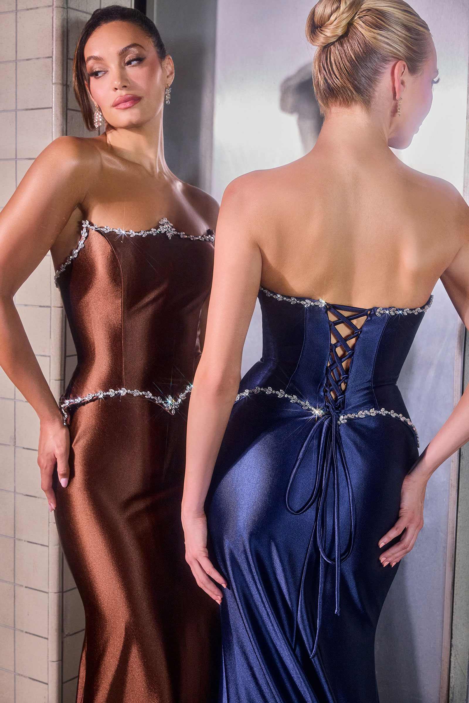 Ladivine CD687 Sleek Satin Fitted Strapless Gown Lace up Corset by DiscountDressShop