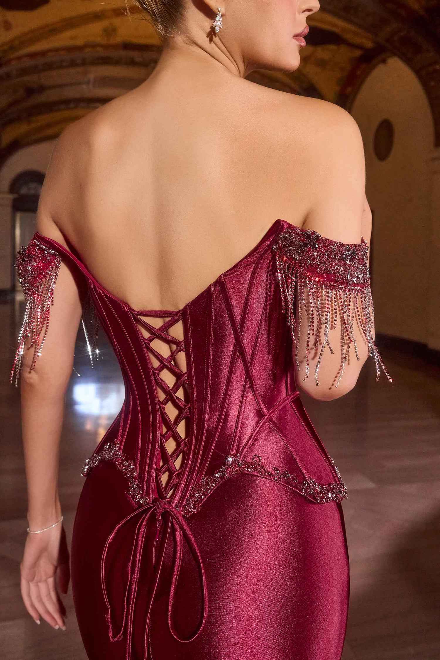 Ladivine CD688 Luxurious Stretch Satin Off Shoulder Fitted Evening Gown by DiscountDressShop