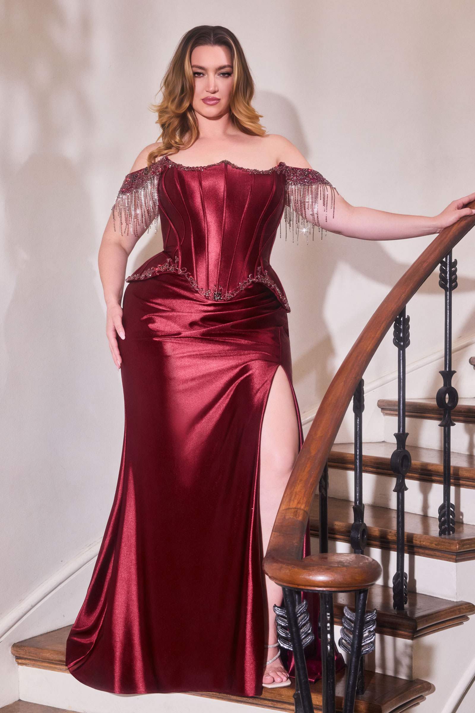 Ladivine CD688 Luxurious Stretch Satin Off Shoulder Fitted Evening Gown by DiscountDressShop