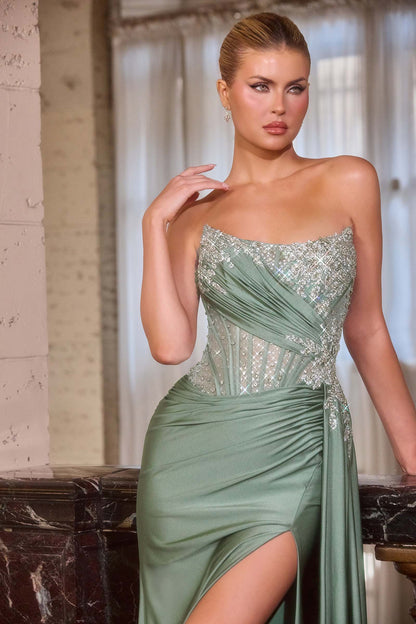 Ladivine CD689 Fitted Asymmetrical Strapless Stretch Satin Gown by DiscountDressShop