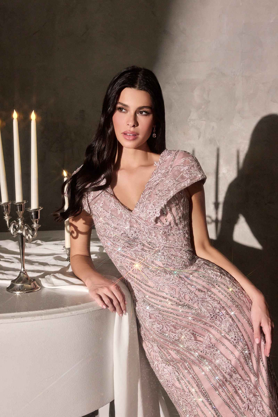 Ladivine CD698 Long Cap Sleeve Mother of the Bride V-Neckline Dress by DiscountDressShop
