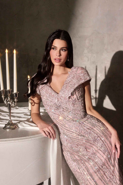 Ladivine CD698 Long Cap Sleeve Mother of the Bride V-Neckline Dress by DiscountDressShop