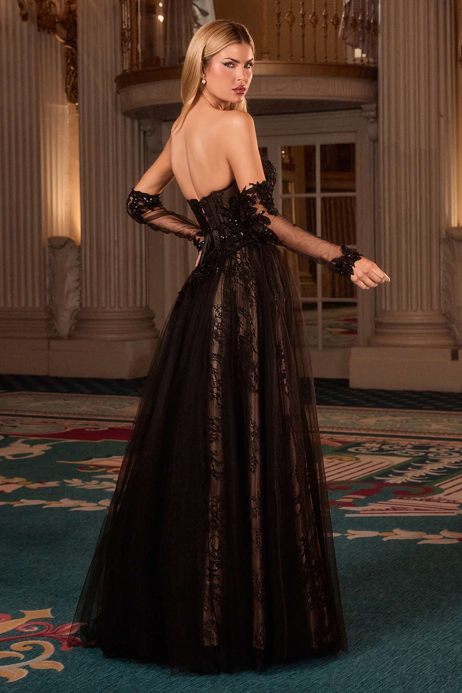 Ladivine CD717 Strapless A-Line Gown Lace Applique Tulle Skirt by DiscountDressShop