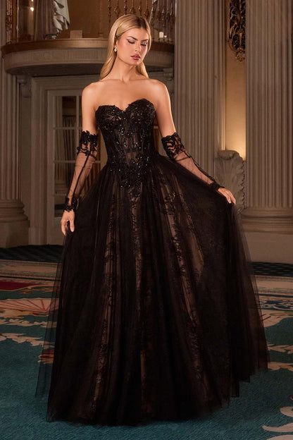 Ladivine CD717 Strapless A-Line Gown Lace Applique Tulle Skirt by DiscountDressShop