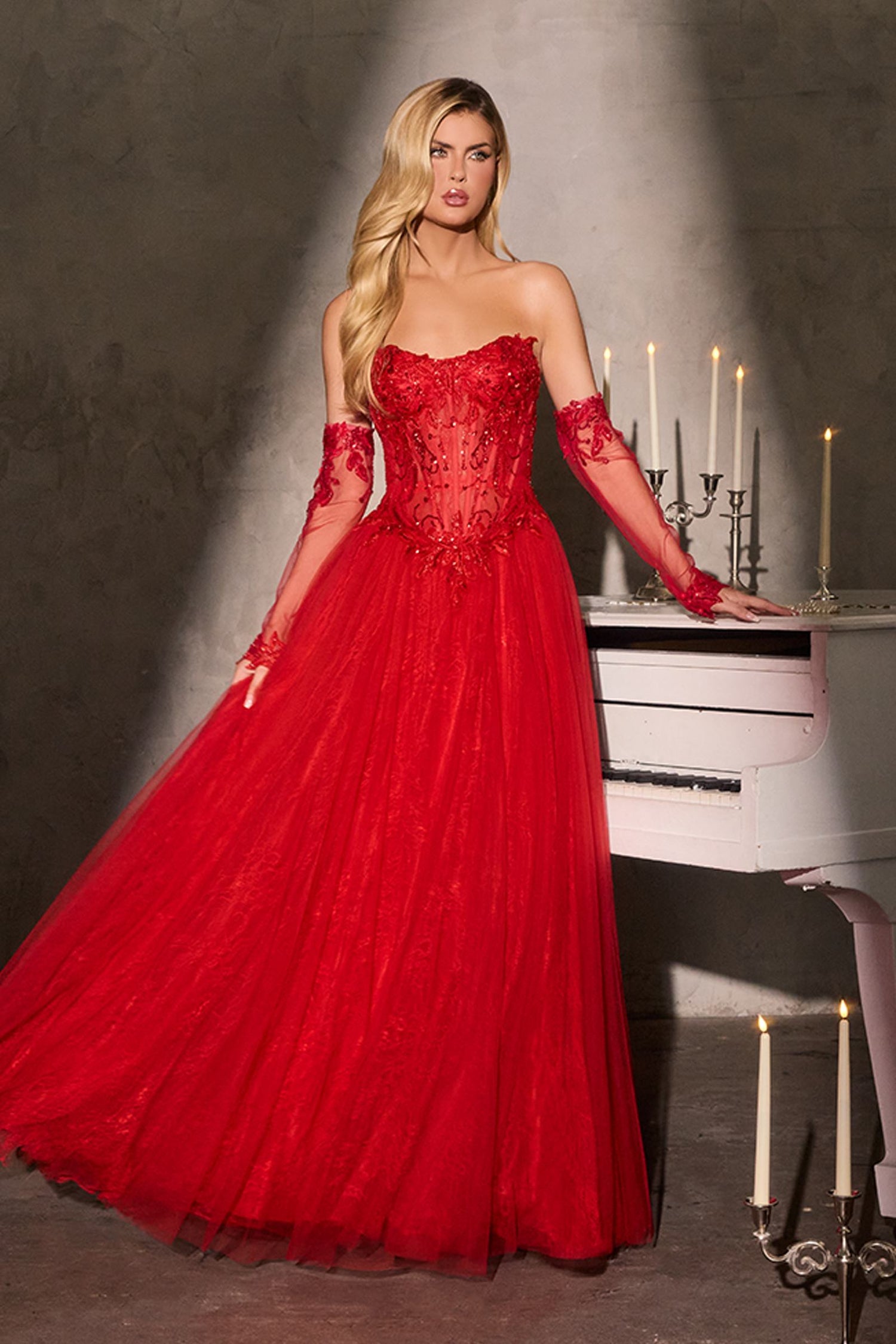 Ladivine CD717 Strapless A-Line Gown Lace Applique Tulle Skirt by DiscountDressShop