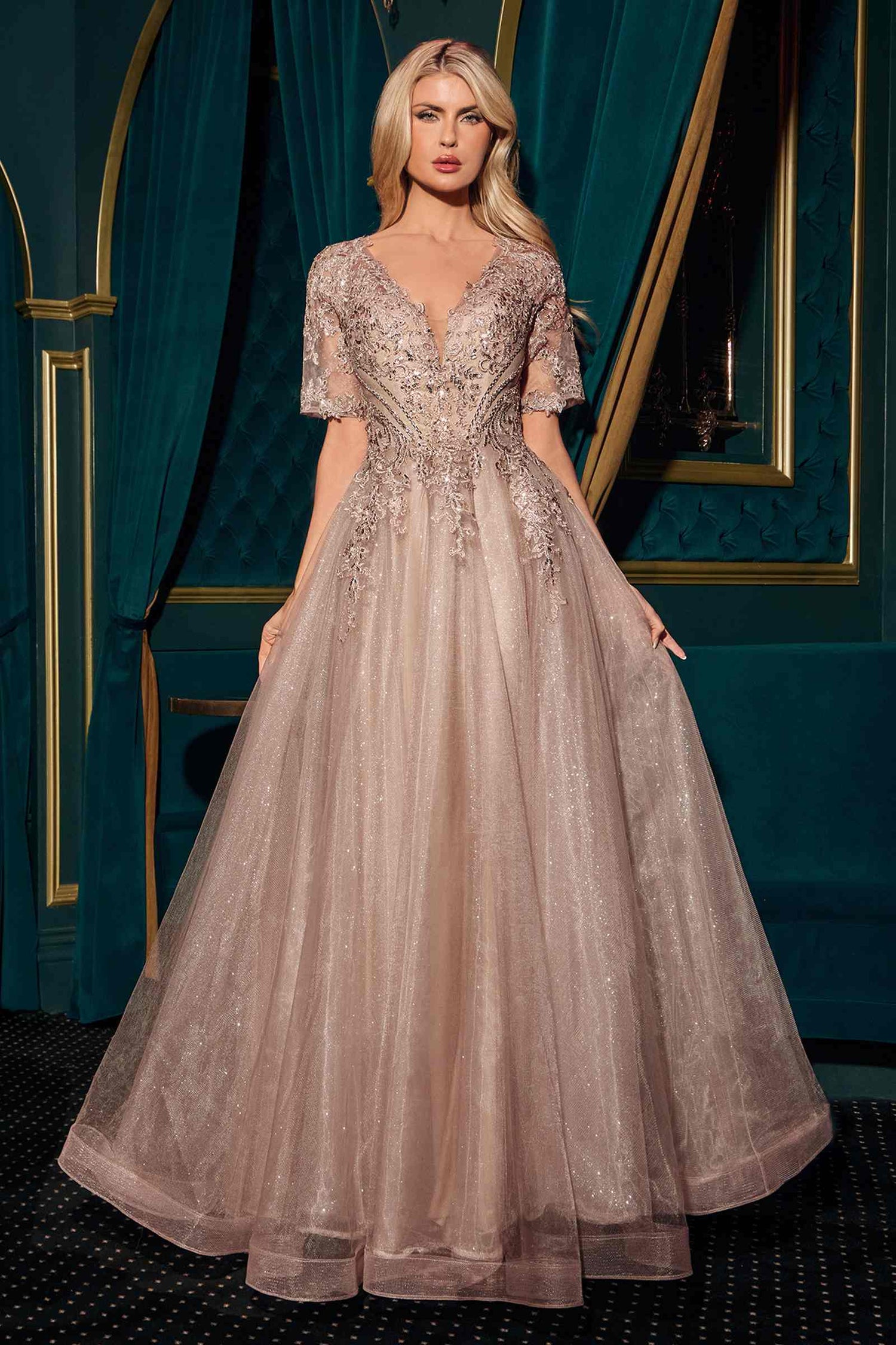 Ladivine CD726 Half Sleeve Mocha V-Neck A-Line Layered Glitter Gown by DiscountDressShop